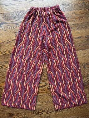 Free People Alina Wide Leg Geometric Print Pants Burgundy Gold Elastic Waist XS